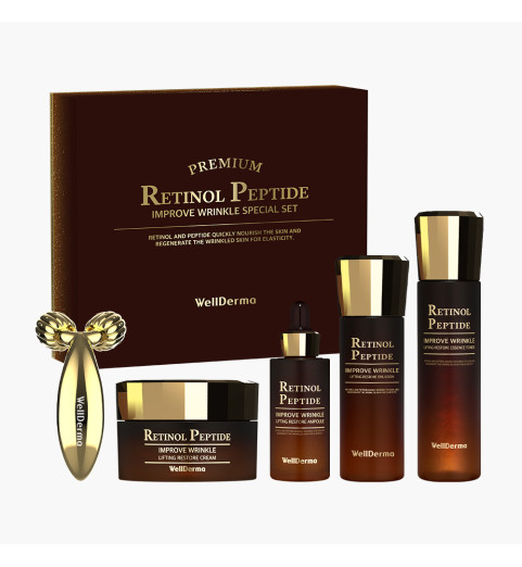 WellDerma Retinol Peptide Lifting Restore Special Set / Премиальный набор с массажером на основе ретинола и пептидов для лифтинга и восстановления кожи из 5 предметов (150 мл + 30 мл + 120 мл + 50 мл + 1 шт) WellDerma Retinol Peptide Lifting Restore Special Set / Премиальный набор с массажером на основе ретинола и пептидов для лифтинга и восстановления кожи из 5 предметов (150 мл + 30 мл + 120 мл + 50 мл + 1 шт)